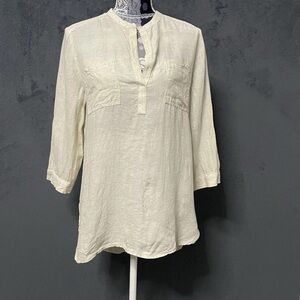 Chicos Linen Tunic Top Womens 1 US M Tan Pullover 3/4 Sleeve Coastal Minimalist